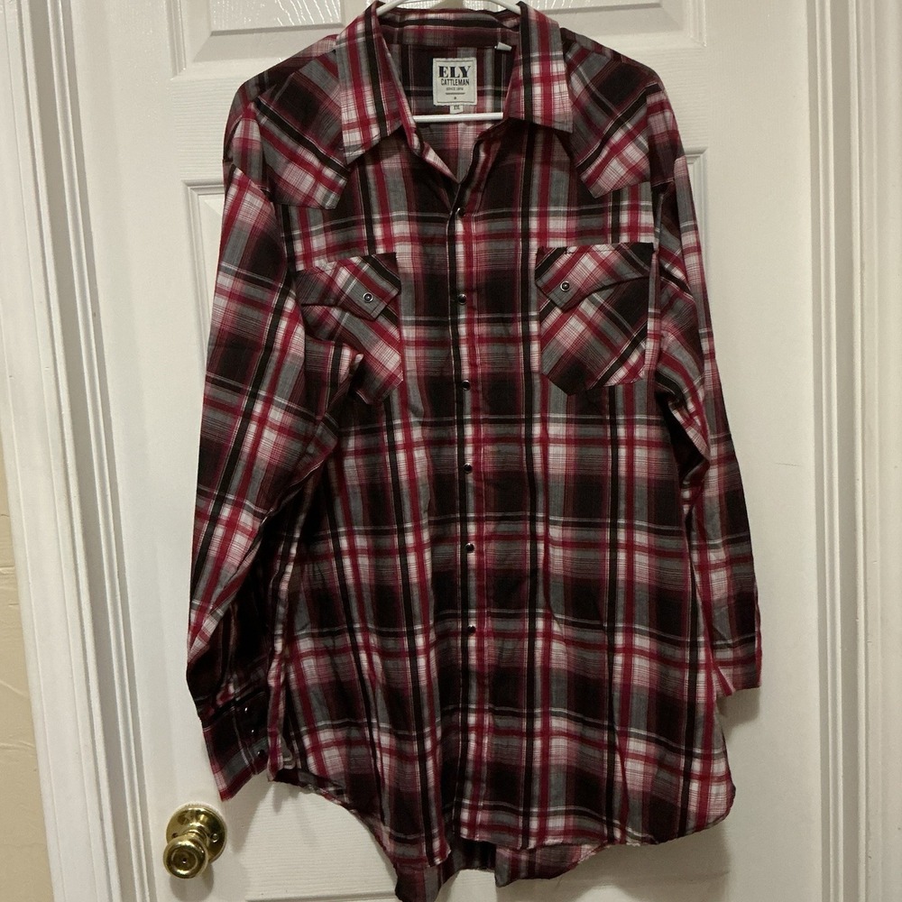 Ely Cattleman Western Size XXL Red Plaid Pearl Snap Long Sleeve‎ Shirt